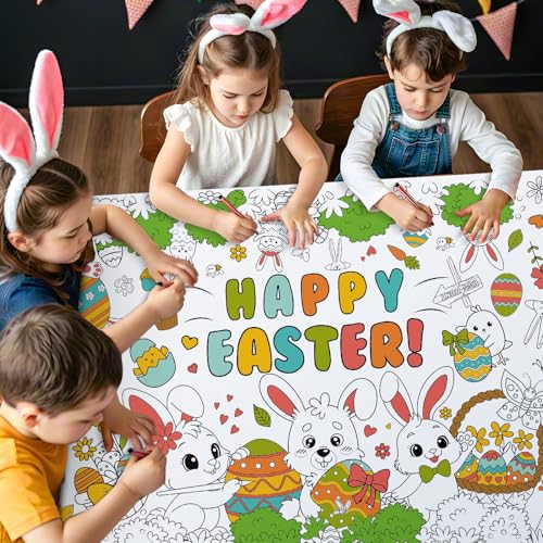 Giant Easter Coloring Poster - Large Happy Easter Coloring Tablecloth Cover, Jumbo Cute Bunny Paper Colorable Table Cloth Banner for Easters Gifts Activities Game Party Decorations Props, 31 x 72Inch - color: Easter 1 Pcs