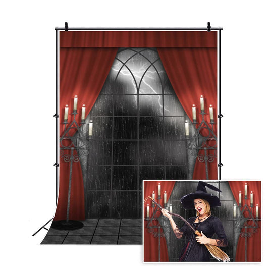 Renaiss 3x5ft Vintage Gothic Window Backdrop Red Curtain Candlestick Black Floor Lightning Stormy Sky Vampire Medieval Castle Photography Background Halloween Dress Up Party Decors Photo Booth Props - size: 3x5ft