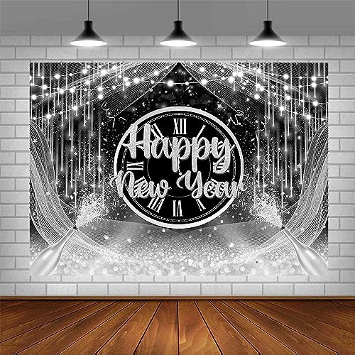AIBIIN 10x7ft Happy New Year Backdrop 2024 New Years Party Decorations Black Silver New Years Eve Annual Countdown Party Supplies Gold Glitter Champagne Fabulous Family Party Banner Photo Shoot Props - color: Black Silver, size: 10x7ft