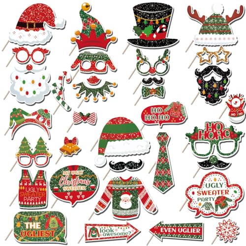 Ugly Christmas Sweater Party Props,34 Pcs Ugly Sweater Photo Booth Props for Christmas Party Decorations,Holiday Party Props for Photography Supplies,Selfie Props Xmas - size: 34