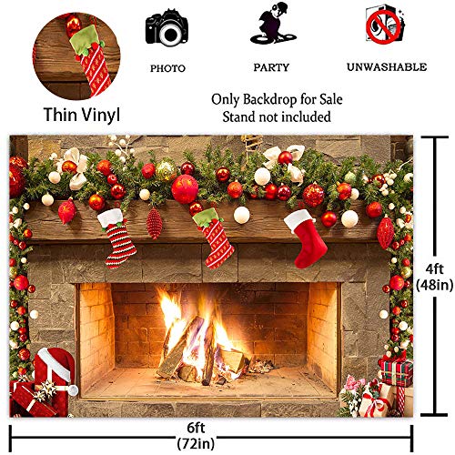 Mocsicka Christmas Fireplace Theme Backdrop for Photography Xmas Tree Sock Gift Family Party Decorations Wallpaper Winter Christmas Birthday Holiday Banner Studio Booth (6x4ft) - size: 6x4ft
