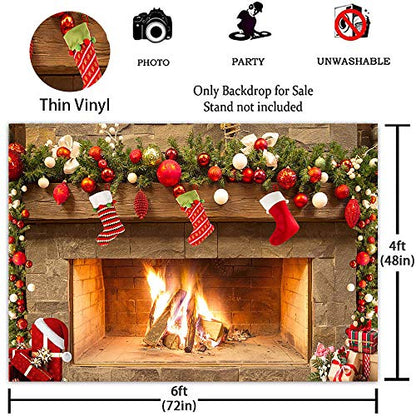 Mocsicka Christmas Fireplace Theme Backdrop for Photography Xmas Tree Sock Gift Family Party Decorations Wallpaper Winter Christmas Birthday Holiday Banner Studio Booth (6x4ft) - size: 6x4ft