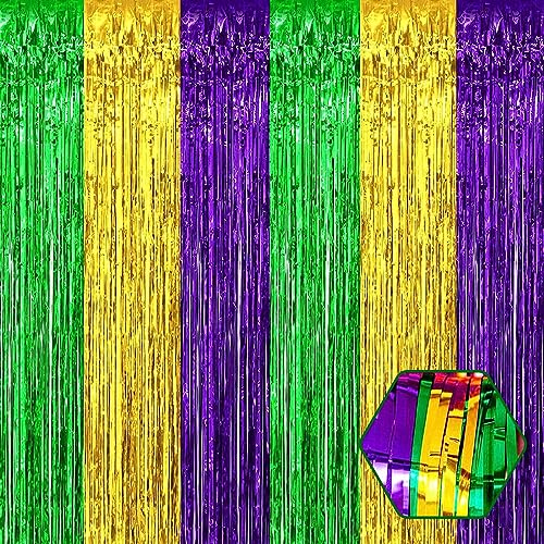 6 Pack Gold Green Purple Foil Fringe Curtain Backdrop, 3.28Ft x 6.6Ft Metallic Tinsel Foil Fringe Streamer Curtains for Photo Booth, Christmas Day, Thanksgiving, Wedding, New Year Party Decorations - color: Gold Green Purple