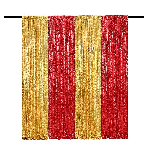 Sequin Backdrop Curtain 4 Panels 2FTx8FT Glitter Background Drapes Sparkle Photography Backdrop for Party Wedding Birthday Wall Decoration (Red× 2 and Gold×2) - color: Gold and Red, size: 2FTx8FT-4PCS