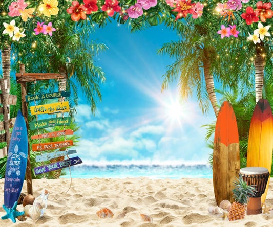Beach Backdrop Hawaiian Luau Party Decorations Vinyl 10x8ft Summer Tropical Backdrop Banner Ocean Surfboard Palm Colorful Flowers Photography Background Cake Table Photo Studio Props - color: Blue Green, size: 10x8ft