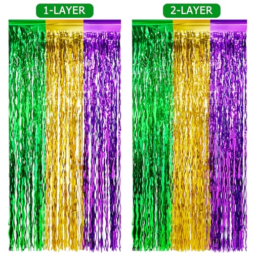 6 Pack 3.3Ft x 6.6Ft Mardi Gras Wavy Foil Fringe Curtain Backdrop Decorations, Purple Gold Green Metallic Tinsel Foil Streamers Curtain Photo Background for Mardi Gras Carnival Wedding Birthday Party - color: Purple Gold and Green