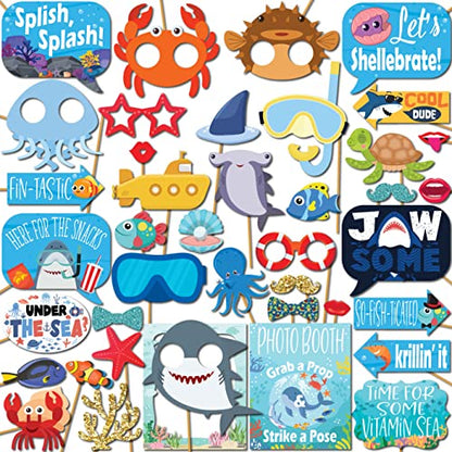 Under The Sea Photo Booth Props - 41-pc Photobooth Kit with 8 x 10-Inch Sign, 60 Adhesive Pads, 45 Sticks - Under The Sea Decorations - Under The Sea Party Decorations