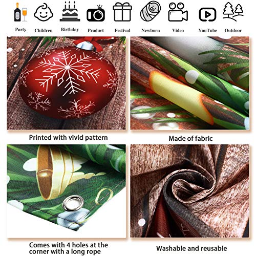 Blulu Christmas Backdrop for Photography - Fabric Wood Pattern Background with Pine Tree & Ornaments - Merry Xmas Photo Background, 72.8 x 43.3 Inch