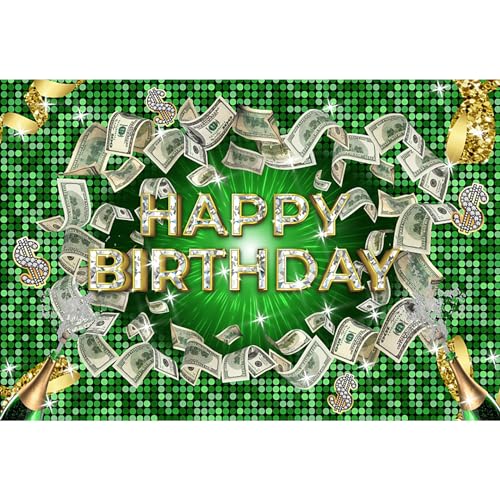 Renaiss 10x7ft Money Birthday Green Backdrop - Champagne Diamonds Dollar Bill Photography Background - Casino Billions Theme Party Decors - Happy Birthday Banner Photo Booth Props - size: 10x7ft