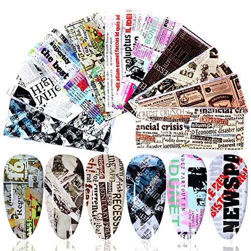 Newspaper Nail Foil Transfer Stickers English Letter Designs Nail Decals Supplies Set Acrylic Nails Sticker Decorations for Nail Transfer Glue Polish, Women DIY Manicure Accessories Set 10Sheets - style: Newparpe