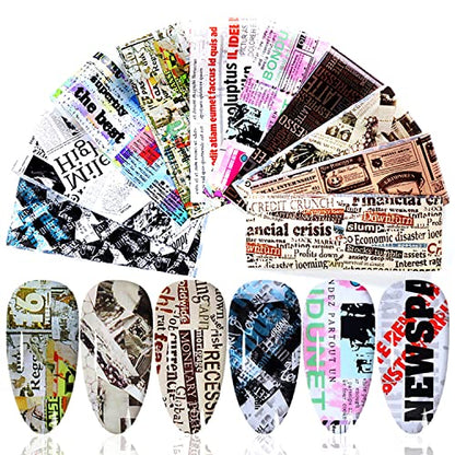 Newspaper Nail Foil Transfer Stickers English Letter Designs Nail Decals Supplies Set Acrylic Nails Sticker Decorations for Nail Transfer Glue Polish, Women DIY Manicure Accessories Set 10Sheets - style: Newparpe