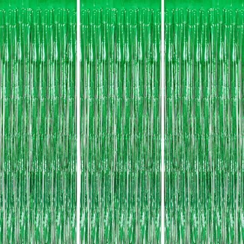 DECOCKRAT 3 Pack Foil Fringe Backdrop - Green Shiny Tinsel Curtains for Party Decoration/Photo Booth Props - 3.3x8.2 FT Metallic Foil Backdrop for Birthday, Wedding, Graduation, Christmas. - color: Green