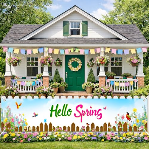 BlissYard Hello Spring Banner 78x17 Inches Vertical Hanging Fabric Porch Decor for Front Door Garden Patio Fence Wall Photo Backdrop Spring Outdoor Party Decoration Seasonal Garden Sign Backdrop - color: Spring Decorations Banner #004, size: 78 x 17 Inch
