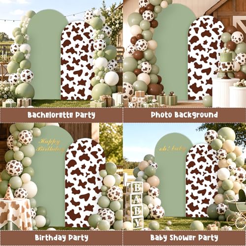 2Pcs Cow Print Arch Backdrop Covers Set Sage Green Brown(7.2ft+6ft), Spandex Fitted Arch Stand Covers for Baby Shower Birthday Bridal Shower Western Farm Photo Booth Background - color: Sage Green & Brown-Cow Print, size: 7.2FT/6FT