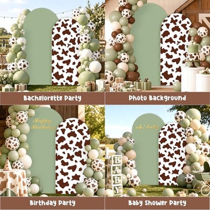 2Pcs Cow Print Arch Backdrop Covers Set Sage Green Brown(7.2ft+6ft), Spandex Fitted Arch Stand Covers for Baby Shower Birthday Bridal Shower Western Farm Photo Booth Background - color: Sage Green & Brown-Cow Print, size: 7.2FT/6FT
