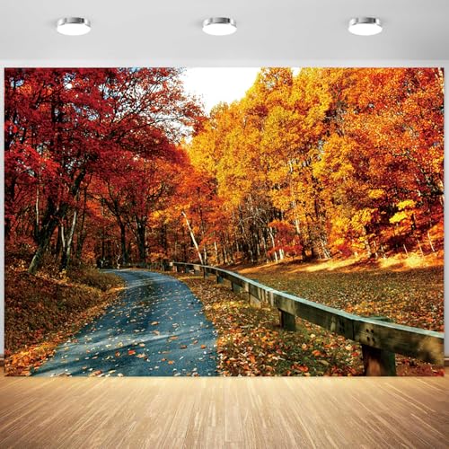 5x3ft Fall Backdrop Autumn Scenery Mountain Road Photography Background Maple Tree Fall Leaves Nature Landscape Decorations Supplies Wallpaper Photo Studio Props - color: Red, size: 5x3ft