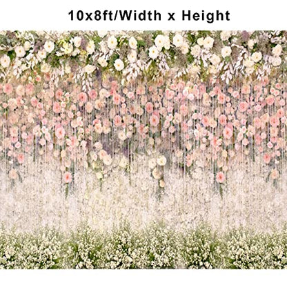 Bridal Shower Floral Wedding Backdrop 10x8ft Vinyl Pink and White Flower Wall Background for Photography Ceremony Anniversary Dessert Table Reception Decorations Banner Studio Photoshoot Props