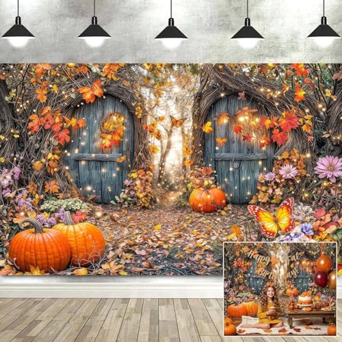 5X3ft Enchanted Forest Fall Backdrop Autumn Fairy Tale Magic Garden Wonderland Pumpkin Maple Floral Butterfly Photography Background for Kids Baby Shower Birthday Party Decoration Photo Booth Props - color: Multi13, size: 5x3ft