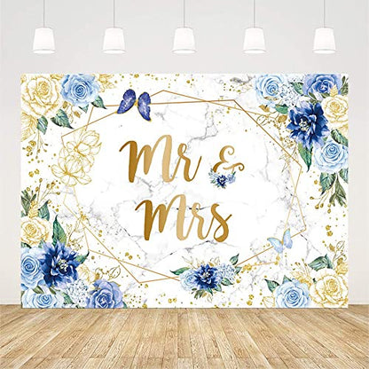 AIBIIN 7x5ft Mr and Mrs Floral Marble Backdrop for Bridal Shower Blue Flowers Butterfly Photography Background Gold Geometric Couple Wedding Party Decorations Bride to Be Engagement Banner Props