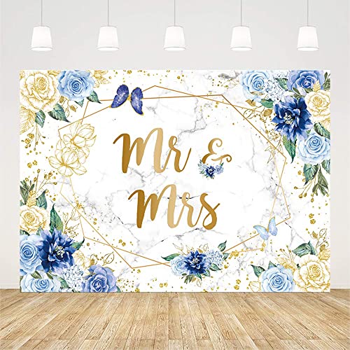 AIBIIN 7x5ft Mr and Mrs Floral Marble Backdrop for Bridal Shower Blue Flowers Butterfly Photography Background Gold Geometric Couple Wedding Party Decorations Bride to Be Engagement Banner Props