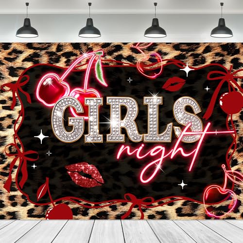 Girls Night Red Backdrop 7Wx5H Feet Fabric Polyester Leopard Print Cherry Bow Lips Birthday Vintage Cheetah Fashion Cute Glitter Woman Girly Photography Background Banner Photo Shoot Decor Prop - color: A-01leopard cherry red, size: 7Wx5H