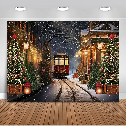 Mocsicka 10x8ft Christmas Train Backdrop for Photography Christmas Town Winter Train Xmas Snow Railway Christmas Tree Party Background Wonderland Snowflake Portrait Photo Studio Props - size: 10x8ft