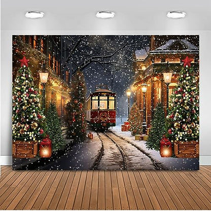 Mocsicka Christmas Train Backdrop for Photography Christmas Town Winter Train Xmas Snow Railway Christmas Tree Party Background Wonderland Snowflake Portrait Photo Studio Props (8x6ft) - size: 8x6ft
