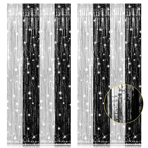 PIGETALE, 2 Pack 3.2 x 8.2 ft Black and Silver Foil Fringe Curtains Party Decorations, Sparkle Tinsel Curtain Photo Backdrop for Birthday Wedding Graduation Stream - color: Black and Silver