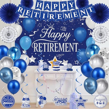 Holkcog Blue Retirement Party Decorations for Women, Silver Blue Happy Retired Banner Backdrop Paper Fan Hanging Swirls for Coworker, I'm Retired Cake Top & Honeycomb Set, Great for Retiring Women - style: Blue