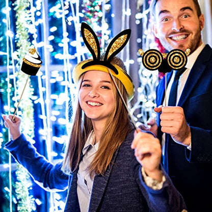Zonon 24 Pcs Funny Photo Booth Props Class of 2026 Graduation Birthday Wedding Family Class Reunion Prom Disco Party Celebration Decoration Supplies Mix of Hats, Lipstick, Tie(Golden) - color: Golden