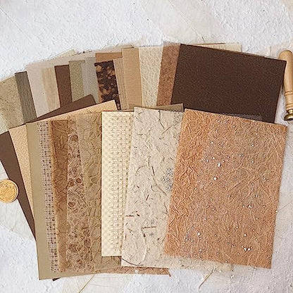 30Pcs Unique Handmade Textured Scrapbook Paper&Mesh Fabric set - A5 sheet Craft Mulberry Special Rice Paper Mix for Scrapbooking Junk Journaling Supplies Card Collage DIY Materials, 5.8x8.2 inches