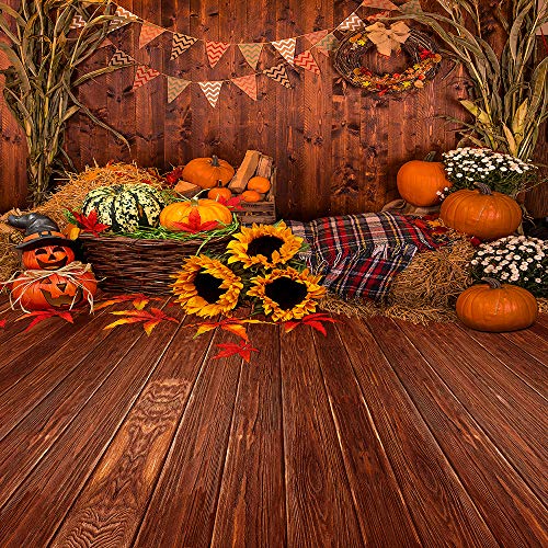 10X10FT Fall Thanksgiving Wooden Floor Barn Autumn Pumpkins Maple Leaves Sunflower Baby Portrait Party Halloween Decoration Vinyl Photography Backdrop Photo Booth Background Studio Prop TP295C - size: 10'x10'