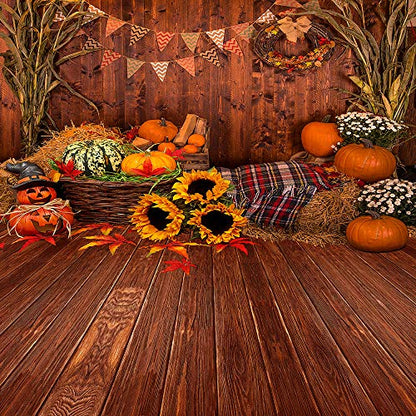 10X10FT Fall Thanksgiving Wooden Floor Barn Autumn Pumpkins Maple Leaves Sunflower Baby Portrait Party Halloween Decoration Vinyl Photography Backdrop Photo Booth Background Studio Prop TP295C - size: 10'x10'