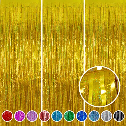 Graduation Decorations 2026 Foil Fringe Curtains - Melsan 3 Pack 3.2 x 8.2 ft Gold Tinsel Curtain Party Photo Backdrop for Birthday Party Happy Retirement Baby Shower or Graduation - color: Gold