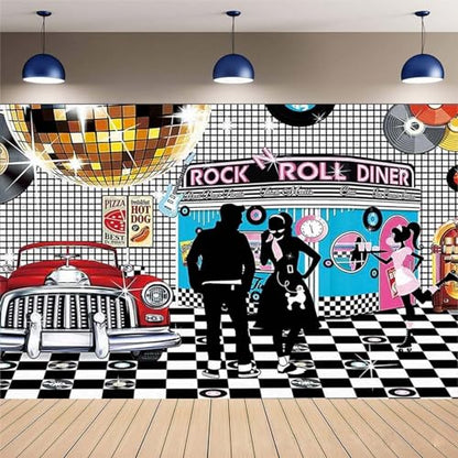 Disco Retro Style Photo Backdrop - 50's Rock Roll Prom Dance Birthday Diner Party Decor - Retro Diner Time Classic Car Party Decoration Banner, 9x6FT - size: 9X6FT