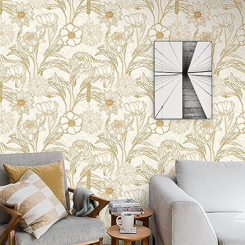 Gold/White Floral Peel and Stick Wallpaper - Vintage Floral Contact Paper, Removable, Waterproof, Decorative Vinyl, Self-Adhesive Wallpaper for Living Room, Bedroom - 17.71 in x 236.2 in - color: Floral-11, size: 17.71" x 236.2"