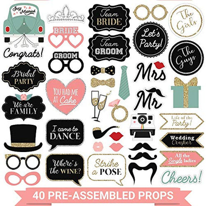 Fully Assembled Wedding Photo Booth Props - Set of 40 - Gold, Pink, Teal, & Silver Selfie Signs - Wedding Party Supplies & Decorations - Cute Designs with Real Glitter - Did We Mention No DIY - size: 40 Pieces