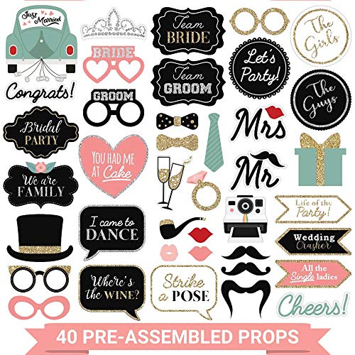 Fully Assembled Wedding Photo Booth Props - Set of 40 - Gold, Pink, Teal, & Silver Selfie Signs - Wedding Party Supplies & Decorations - Cute Designs with Real Glitter - Did We Mention No DIY - size: 40 Pieces