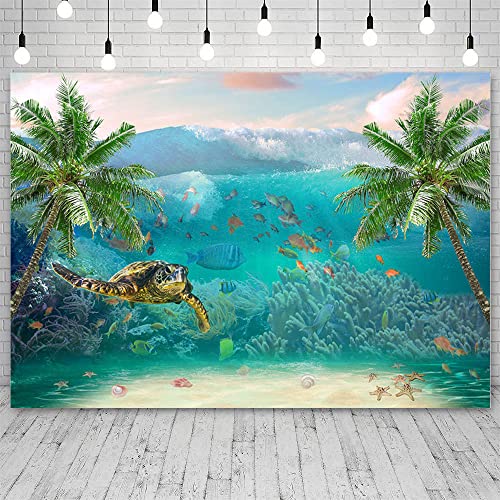 7x5ft Summer Underwater Photography Backdrop Sea Waves Under The Sea Turtle Fishes Palm Trees Corals Photo Background Beach Ocean Theme Birthday Decorations Props