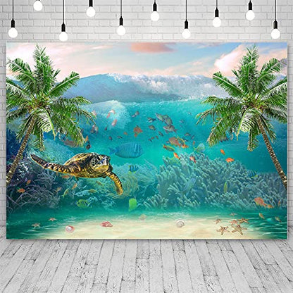 7x5ft Summer Underwater Photography Backdrop Sea Waves Under The Sea Turtle Fishes Palm Trees Corals Photo Background Beach Ocean Theme Birthday Decorations Props