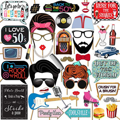 50s Photo Booth Props - 41-pc Photo Booth Kit with 8 x 10-Inch Sign, 60 Adhesive Pads, 45 Sticks - Sock Hop Party Decorations - Fifties Theme Photo Booth Props