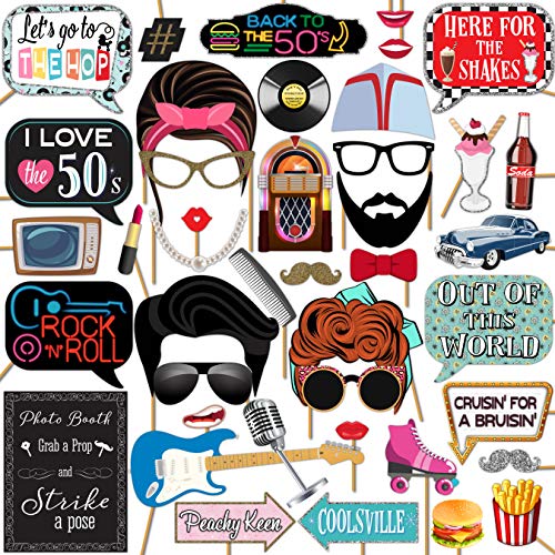 50s Photo Booth Props - 41-pc Photo Booth Kit with 8 x 10-Inch Sign, 60 Adhesive Pads, 45 Sticks - Sock Hop Party Decorations - Fifties Theme Photo Booth Props