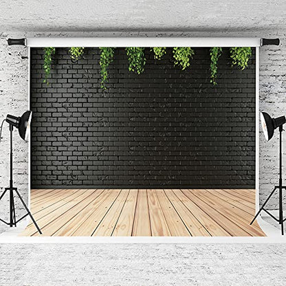 10X10ft Clean Black Brick Wall with Wood Floor Photography Backdrop for Portrait, Green Background, Vinyl Material for Birthdays, Parties, Weddings, Graduations DH-94 - size: 10X10FT