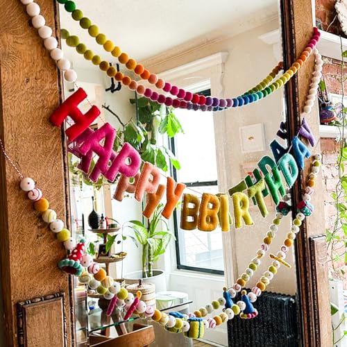 3Pcs Pre-Strung Happy Birthday Banner with Wool Balls, Rainbow Party Decorations, Reusable Happy Birthday Felt Ball Garland, Personalized Holiday Sign for Birthday Party Decor, Home Classroom Decor, Photo Prop (Birthday Banner + Felt Garland + Rainbow Bal