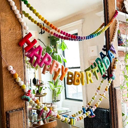 3Pcs Pre-Strung Happy Birthday Banner with Wool Balls, Rainbow Party Decorations, Reusable Happy Birthday Felt Ball Garland, Personalized Holiday Sign for Birthday Party Decor, Home Classroom Decor, Photo Prop (Birthday Banner + Felt Garland + Rainbow Bal
