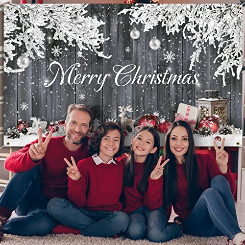 Christmas Wood Photography Backdrop Merry Christmas Santa Claus Gifts Background Rustic Barn Snowflakes Photo Background for Winter Holiday Home Decor Xmas Party Photography Props, 73 x 43 Inches