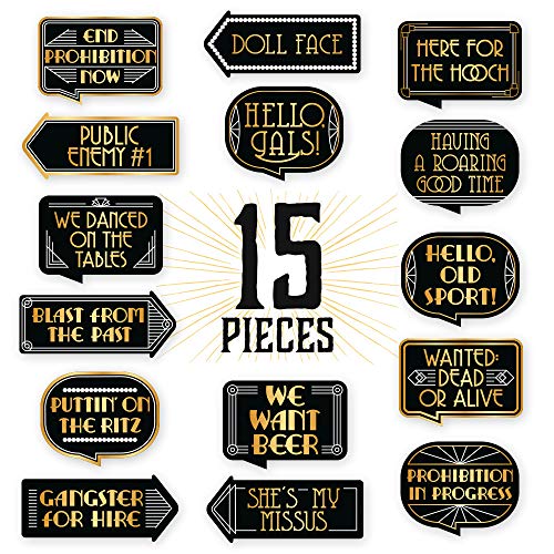 Gatsby Photo Booth Props By PartyGraphix - European Made Great Gatsby Party Supplies - 1920's Party Decorations - Easy to Assemble Selfie Props Roaring 20s Kit Includes 15 Pieces - size: 15 signs
