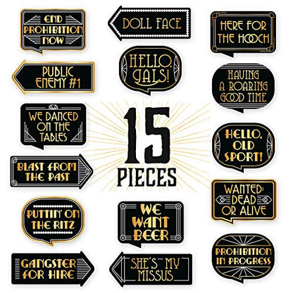 Gatsby Photo Booth Props By PartyGraphix - European Made Great Gatsby Party Supplies - 1920's Party Decorations - Easy to Assemble Selfie Props Roaring 20s Kit Includes 15 Pieces - size: 15 signs