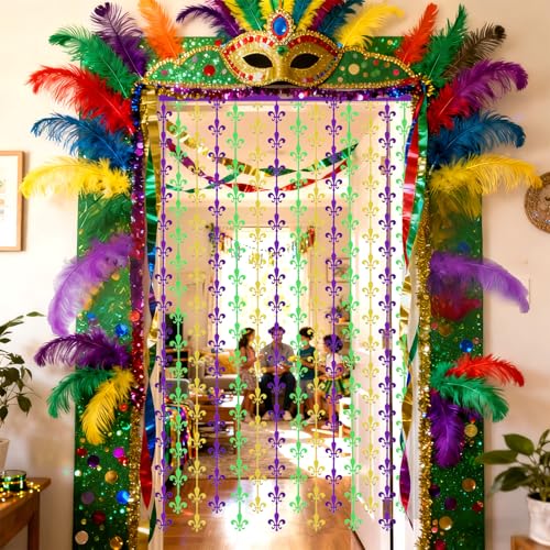 OQOQ Mardigras Decor Backdrops Kit, 2 Pcs Purple Green Gold Fleur De Lis Tinsel Foil Curtains & 1 Set Paper Banner Large Photo Booth Props Carnival Party Fat Tuesday Celebration Supplies - color: Purple Green Gold
