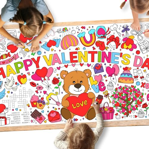 Gatherfun Valentine's Day Activity Poster - 31.5 x 72 Inches, Happy Valentine's Day Party, Versatile Paper Coloring Banner/Table Cover for School Parties and Special Events Decoration - style: Valentine's Day